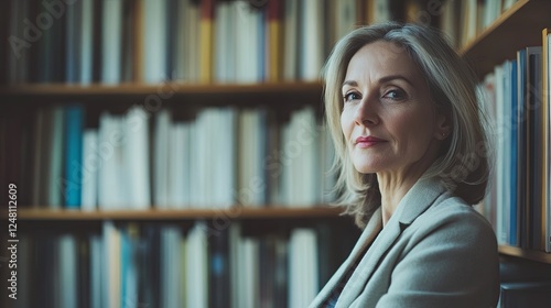 Elegant middle-aged woman standing by a bookshelf with natural light adiant and confident photo