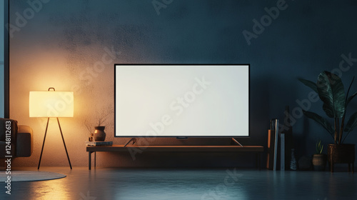 Blank billboard display on grey brick wall background with illumination in office hallway, exhibition or apartment. White LCD TV screen for advertising, empty picture frame realistic 3d vector mock up photo