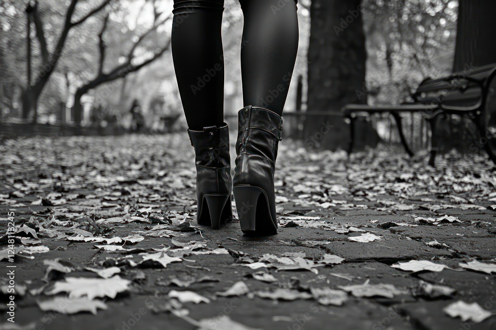 A contemplative shot of a woman walking alone in a park, her boots crunching through fallen leaves on the path. A contemplative shot of a woman walking alone in a park, her boots crunching through fallen leaves on the path.