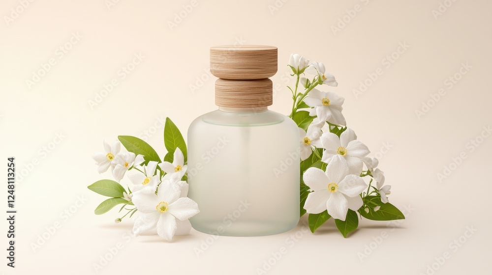 Eco friendly cosmetic packaging mock up with botanical props concept. Glass bottle surrounded by white flowers on a soft background Eco friendly cosmetic packaging mock up with botanical props concept. Glass bottle surrounded by white flowers on a soft background