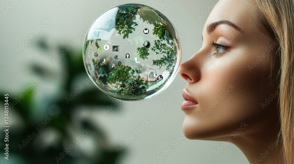 Reflection of Nature Inside Bubble on Face of Young Woman with Thoughtful Expression and Soft Background Reflection of Nature Inside Bubble on Face of Young Woman with Thoughtful Expression and Soft Background