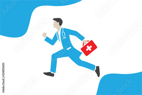 Male doctor running with first aid box concept vector background. Medical concept background.