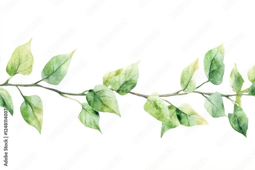 Fototapeta premium A continuous border of soft green watercolor leaves and twigs, designed for fashion prints or greeting cards.