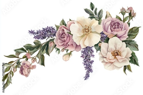 Fototapeta Naklejka Na Ścianę i Meble -  A corner composition of watercolor flowers and greenery in shades of pink, lavender, and cream, ideal for wedding stationery.