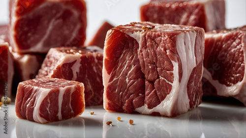 Fresh Raw Cubed Beef Meat on White Background