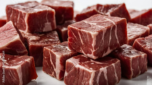 Fresh Raw Cubed Beef Meat on White Background