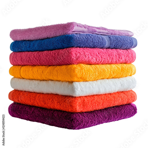 Stack of clean and folded colorful towels isolated on transparent background