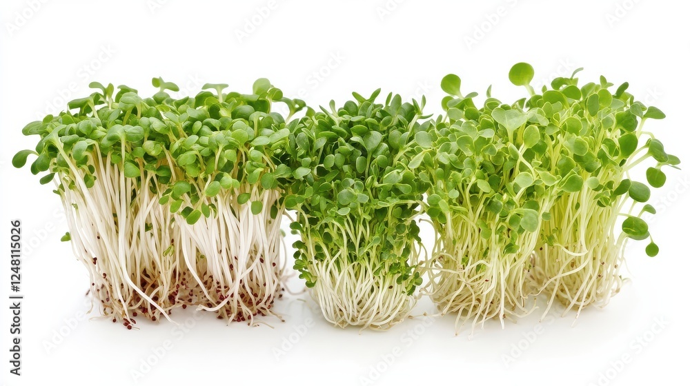 Fresh microgreens trio on white background: healthy eating and organic nutrition trends Fresh microgreens trio on white background: healthy eating and organic nutrition trends