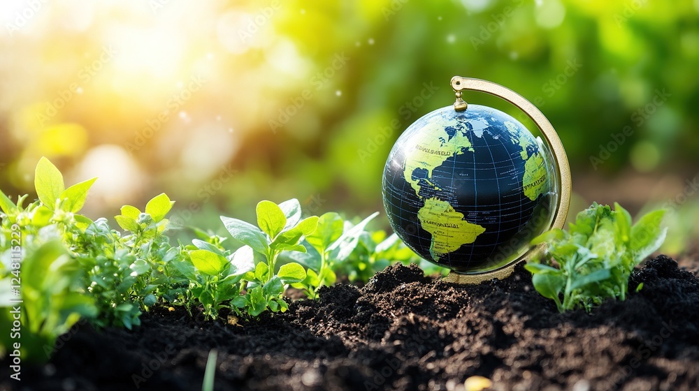 Sustainable Earth Concept: Globe and Scales on Soil Surrounded by Green Plants Sustainable Earth Concept: Globe and Scales on Soil Surrounded by Green Plants
