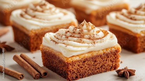 Close-up of golden-brown pumpkin bread topped with rich cream cheese frosting, surrounded by cinnamon sticks and whole nutmeg, warm autumn background