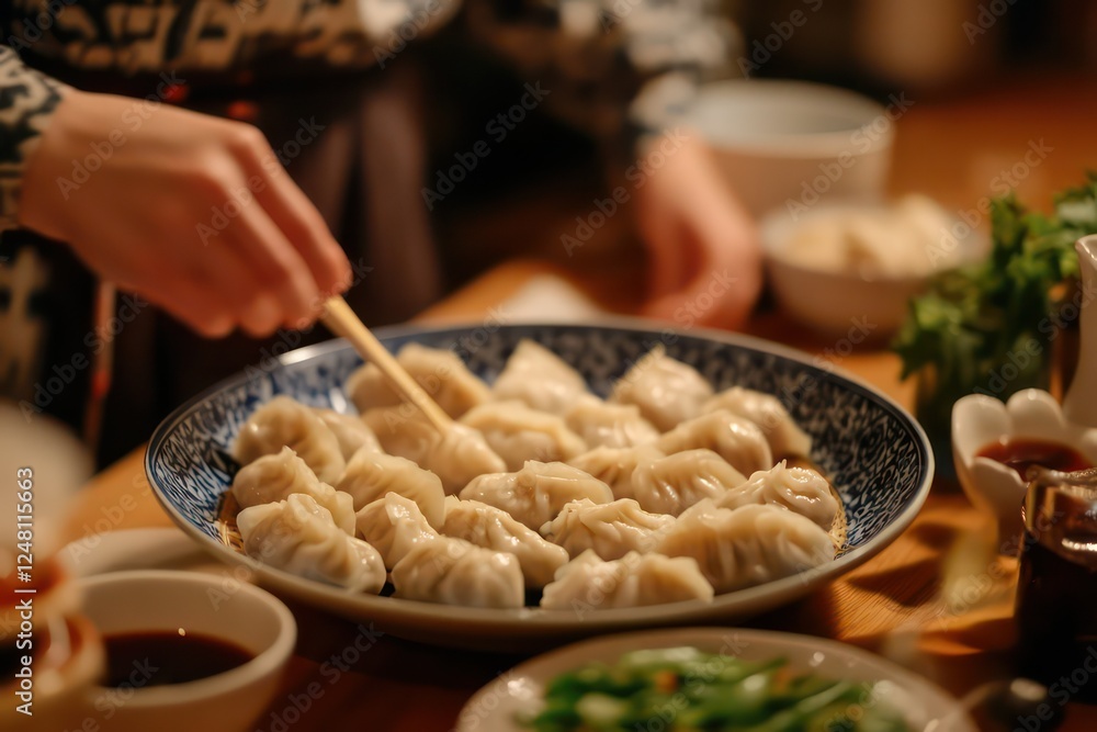 A cozy kitchen scene with dumplings being prepared and served with soy sauce. A cozy kitchen scene with dumplings being prepared and served with soy sauce.
