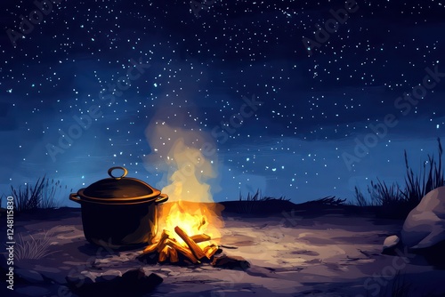 Wallpaper Mural A cozy night camping scene with a pot simmering over a fire, under a starlit sky. Torontodigital.ca