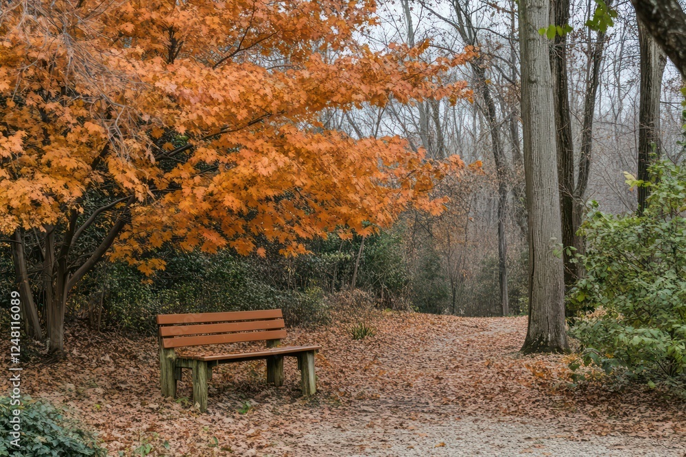 A cozy park bench surrounded by orange fall leaves, perfect for seasonal themes or nature photography. A cozy park bench surrounded by orange fall leaves, perfect for seasonal themes or nature photography.