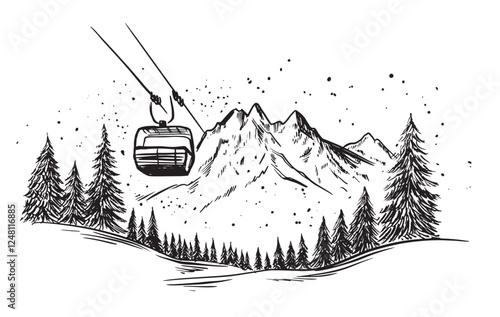 Ski Lift in mountain winter, hand drawn illustrations.	
