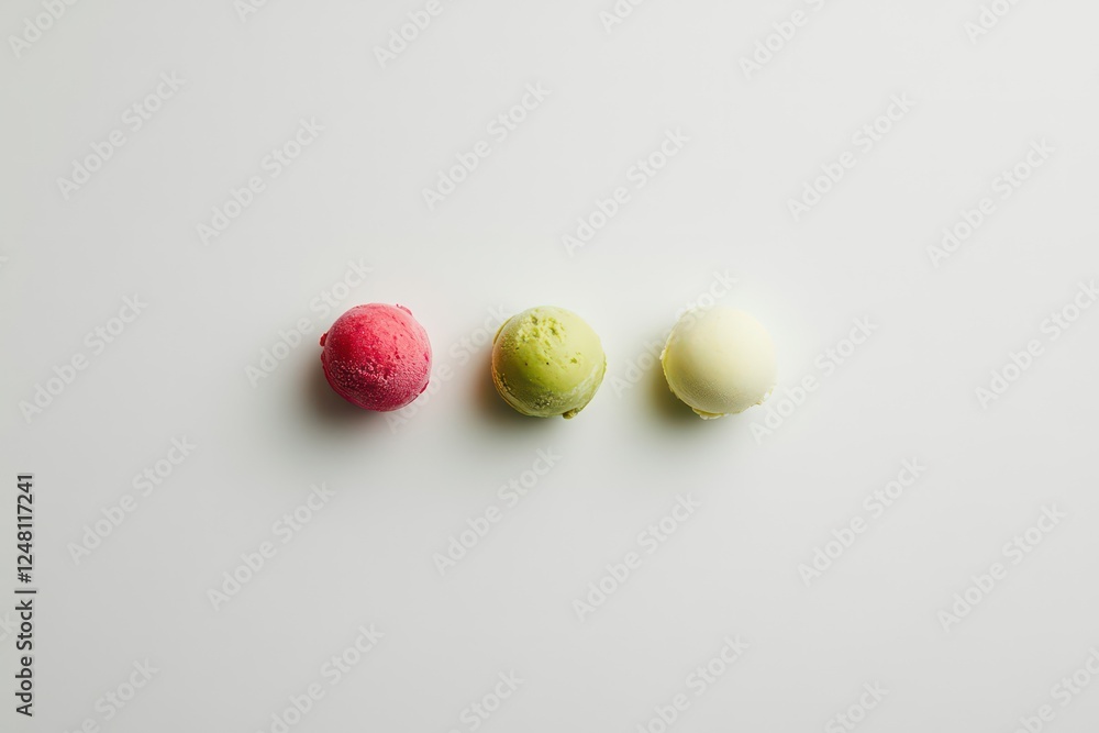 A minimalist presentation of vibrant ice cream flavors, including pistachio, raspberry, and vanilla, on a plain white background.