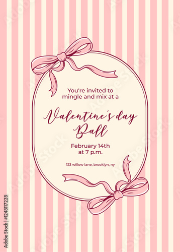 Coquette invitation card with hand drawn doodle element. Trendy cute design with pink bowknot for Valentines day ball, love theme holiday, party. Vector illustration