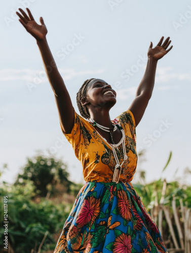 Mozambican Woman Joyfully Celebrating in a Vibrant Outfit Outdoors Under a Clear Sky