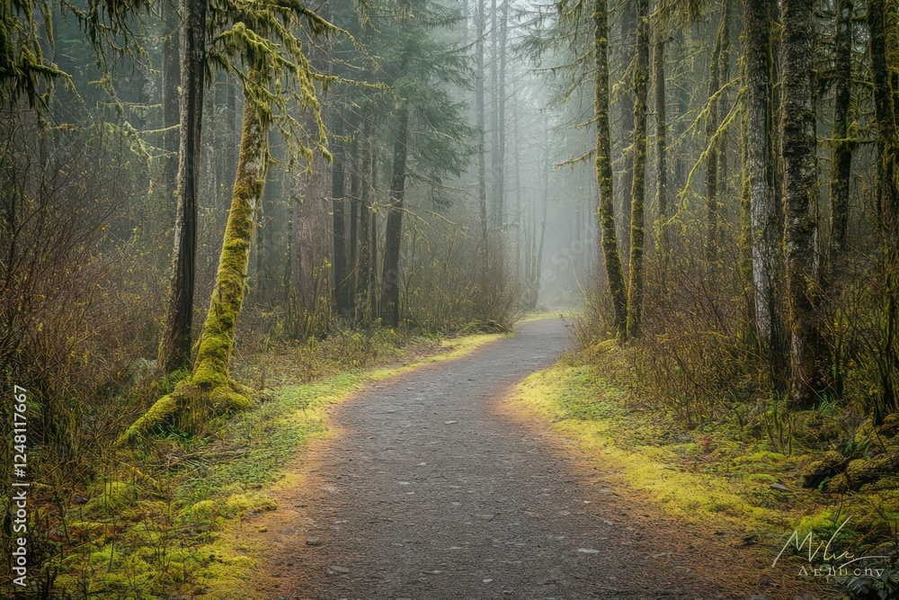 Fototapeta premium A misty forest trail flanked by moss-covered trees and soft undergrowth.