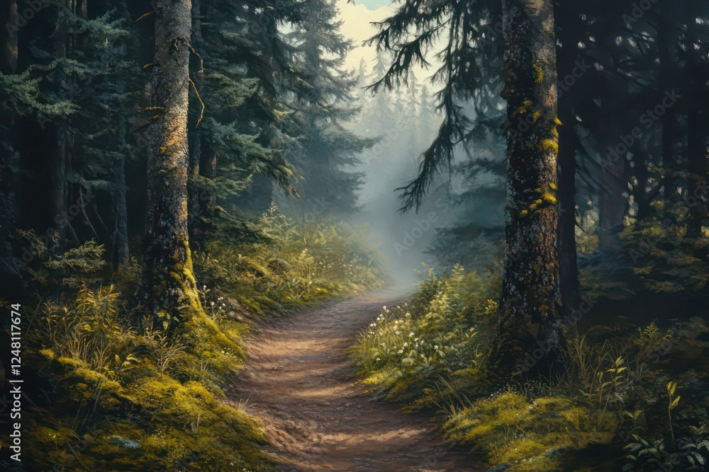 Fototapeta premium A misty forest trail flanked by moss-covered trees and soft undergrowth.