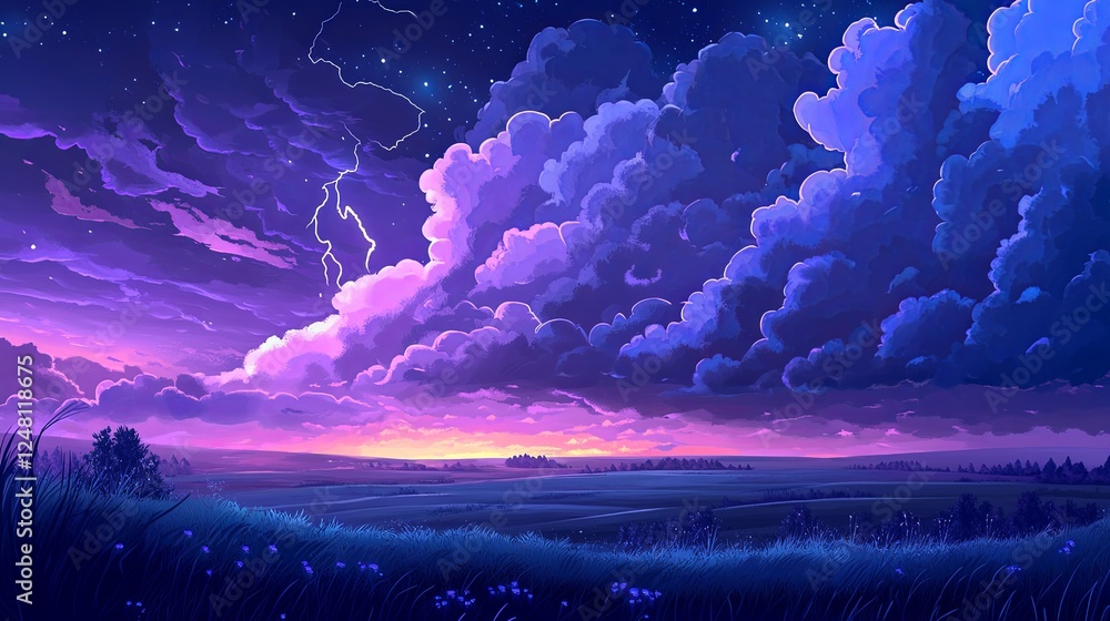 Fototapeta premium Dramatic storm clouds over an open prairie, with lightning in the distance