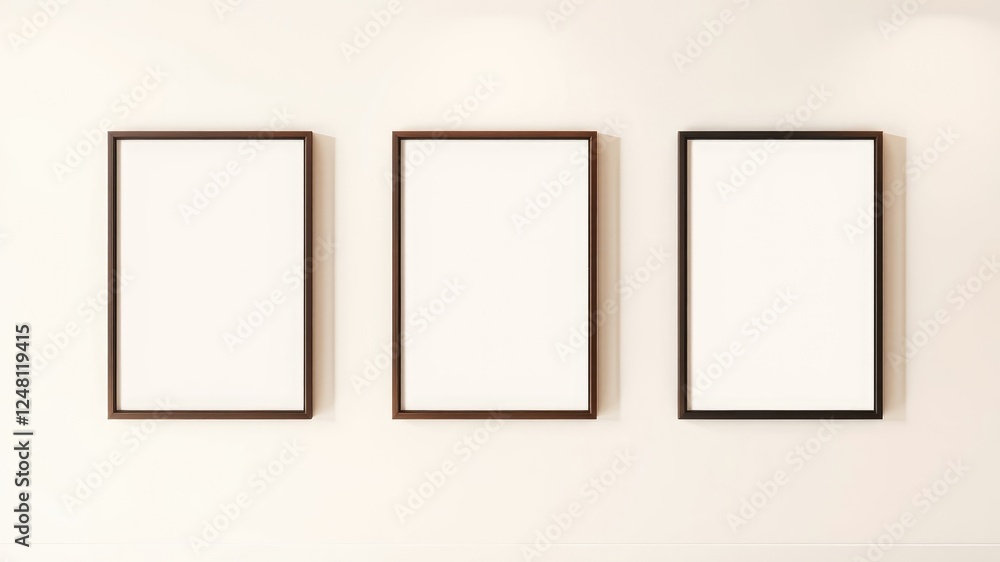 Three blank rectangular frames on a wall, ready for artwork or design Three blank rectangular frames on a wall, ready for artwork or design