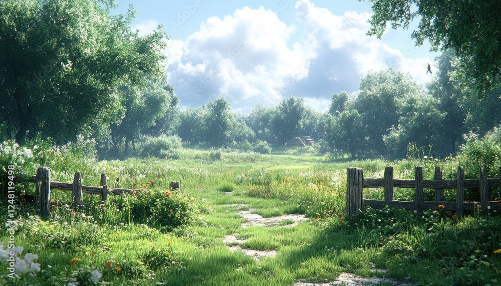 Obraz premium Sunlit path through a lush green field, bordered by wooden fences and wildflowers. Perfect for illustrating idyllic settings, nature scenes, or peaceful moments.