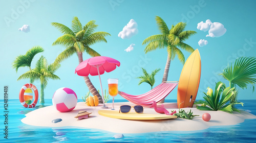 Summer beautiful beach scene Illustration scenic landscape, palm trees surround a tranquil river flowing through a sea beach, Summer Vacation Fun Holiday Relaxation Break Concept in beach background.