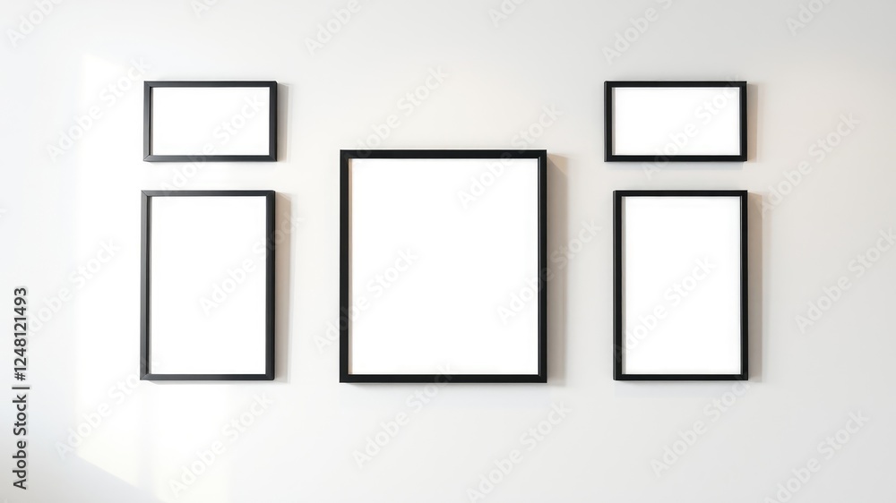 Empty black picture frames on a white wall, perfect for displaying artwork or photographs in a gallery setting Empty black picture frames on a white wall, perfect for displaying artwork or photographs in a gallery setting