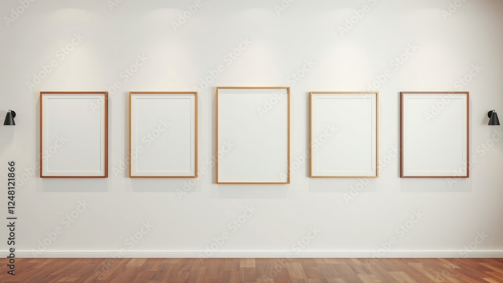 Empty picture frames on a white wall in a minimalist interior with hardwood floors and wall sconces Empty picture frames on a white wall in a minimalist interior with hardwood floors and wall sconces