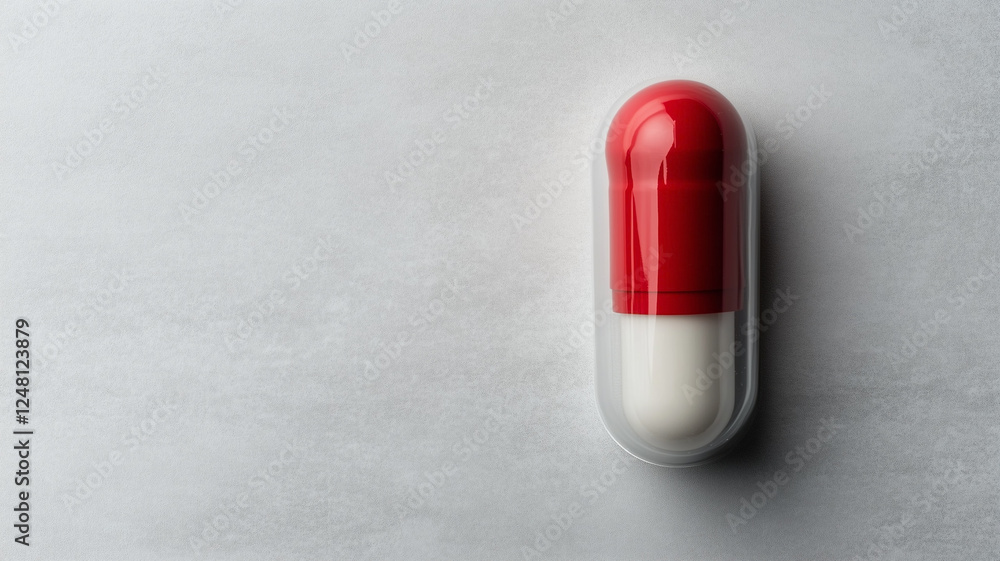 a red and white capsule pill on a grey surface. a red and white capsule pill on a grey surface.