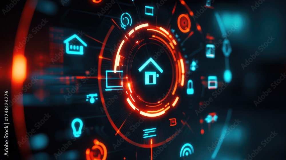 A digital clock face glowing with smart home icons, illustrating the integration of time management and cutting-edge technology for a connected, modern lifestyle. A digital clock face glowing with smart home icons, illustrating the integration of time management and cutting-edge technology for a connected, modern lifestyle.
