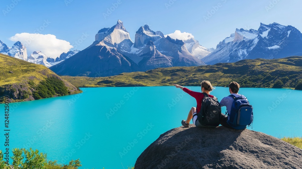 Fototapeta premium A couple enjoys mountain lake scenery