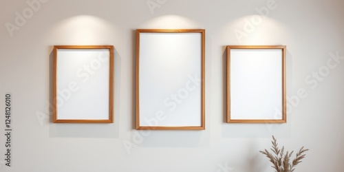 Three Light-Wood Framed Blank Canvas Prints on a Wall