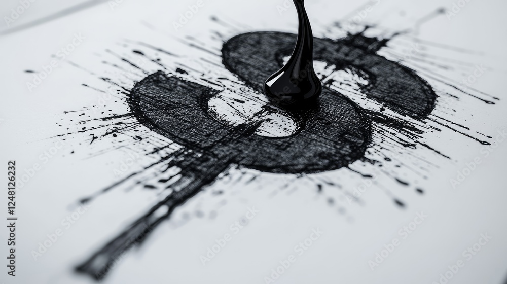 Fototapeta premium A drop of ink on a contract spreading into the shape of a dollar sign, symbolizing financial agreements, market volatility, and the risk involved in investment decisions and currency trends.