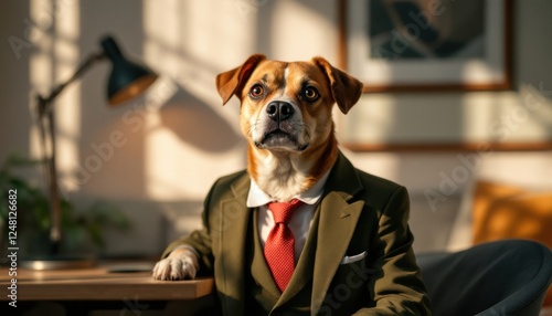 Dog in Suit Sitting at Desk Business Concept Photo