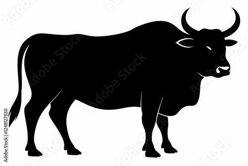 bull black silhouette. 
Black silhouette of a bull with curved horns isolated on a white background. Simple graphic art. Farm animal, livestock design, agriculture concept 