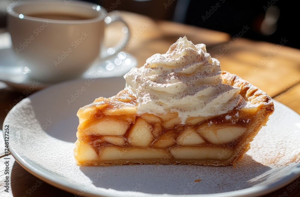 Freshly baked apple pie slice topped with whipped cream served with a hot cup of coffee on a sunlit wooden table for cozy dessert moments Freshly baked apple pie slice topped with whipped cream served with a hot cup of coffee on a sunlit wooden table for cozy dessert moments