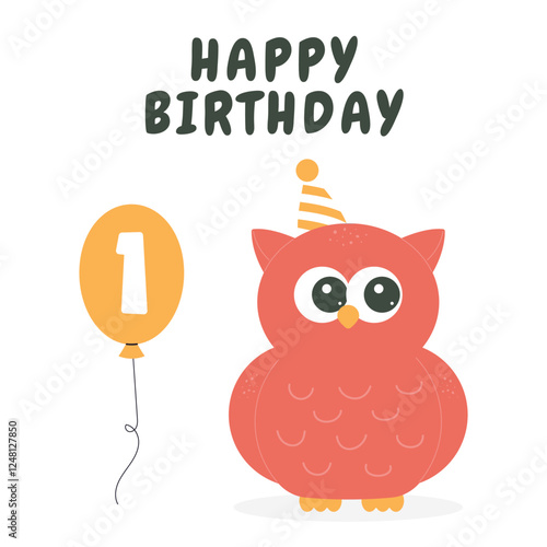 Greeting and invitation card for kids first Happy Birthday. Cute baby owl and balloon with number 1 in flat childrens style. Vector illustration, design for card, poster, event