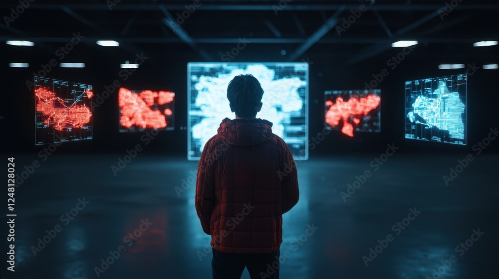 Person Analyzing Data on Digital Screens in Dark Room Environment Person Analyzing Data on Digital Screens in Dark Room Environment