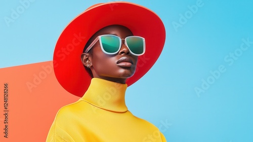 Stylish Woman in Hat and Sunglasses Against Colorful Background