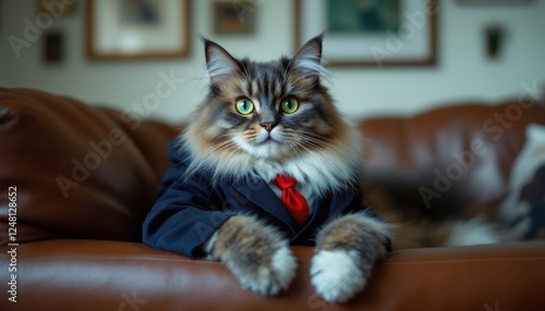 Cat in Suit Sitting on Leather Couch Business Concept