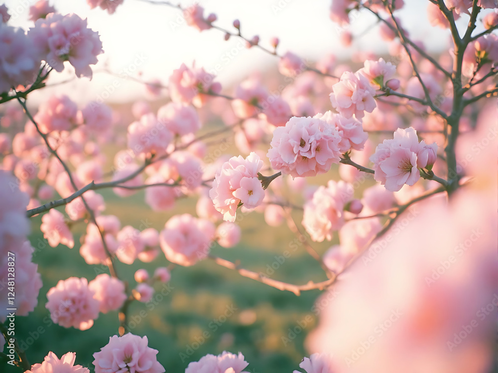 bright, colorful blossom grove with a gradient sky, gentle blooms in focus bright, colorful blossom grove with a gradient sky, gentle blooms in focus