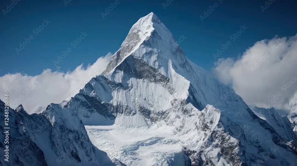 Majestic Snowy Peak Bathed in Sunlight against Vivid Blue Sky Backdrop Majestic Snowy Peak Bathed in Sunlight against Vivid Blue Sky Backdrop