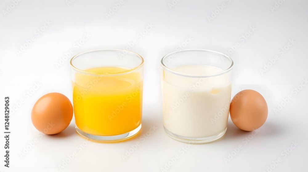 Raw egg yolk and white separated into transparent containers displayed on a clean white background Minimal and simple food ingredient composition for culinary cooking or nutrition concepts Raw egg yolk and white separated into transparent containers displayed on a clean white background Minimal and simple food ingredient composition for culinary cooking or nutrition concepts