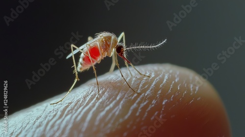 Closeup of a mosquito biting a human hand on white background photo