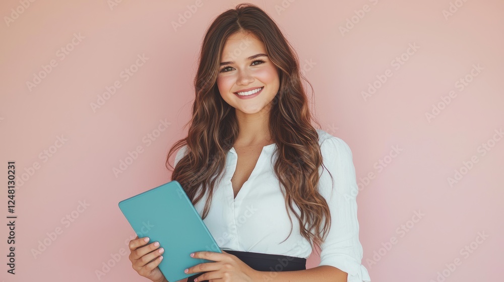 Elegant businesswoman in modern office with blue tablet Elegant businesswoman in modern office with blue tablet