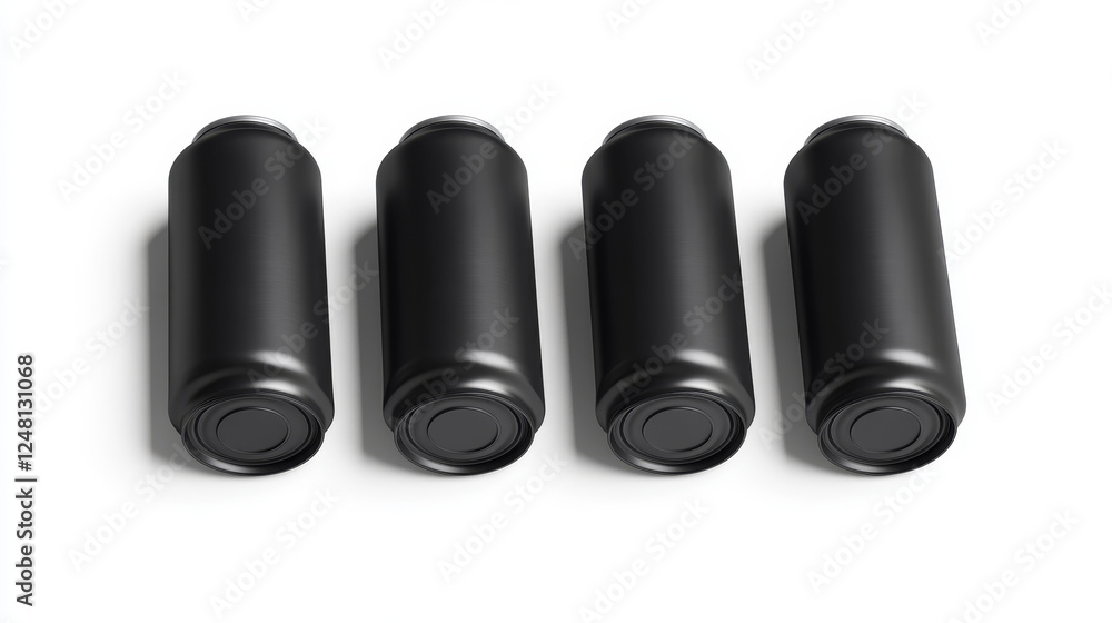 Tin cans in plastic wrap front and top view. Four soda or beer metal jars in black pack, cylinder aluminium canisters, cold drink bottles isolated on white background, Realistic 3d vector mockup Tin cans in plastic wrap front and top view. Four soda or beer metal jars in black pack, cylinder aluminium canisters, cold drink bottles isolated on white background, Realistic 3d vector mockup