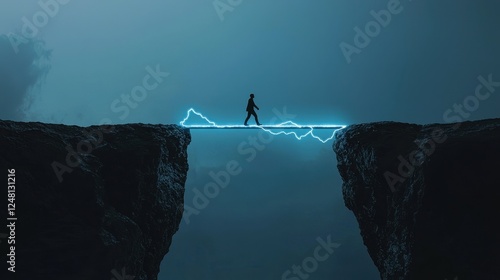 Person Walking on a Neon Line Between Two Rocky Cliffs at Dusk