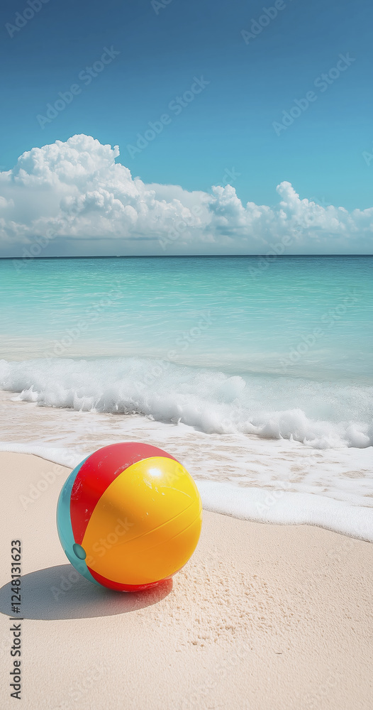 Obraz premium colorful beach ball rests on white sandy shore, with gentle waves lapping at beach under bright blue sky