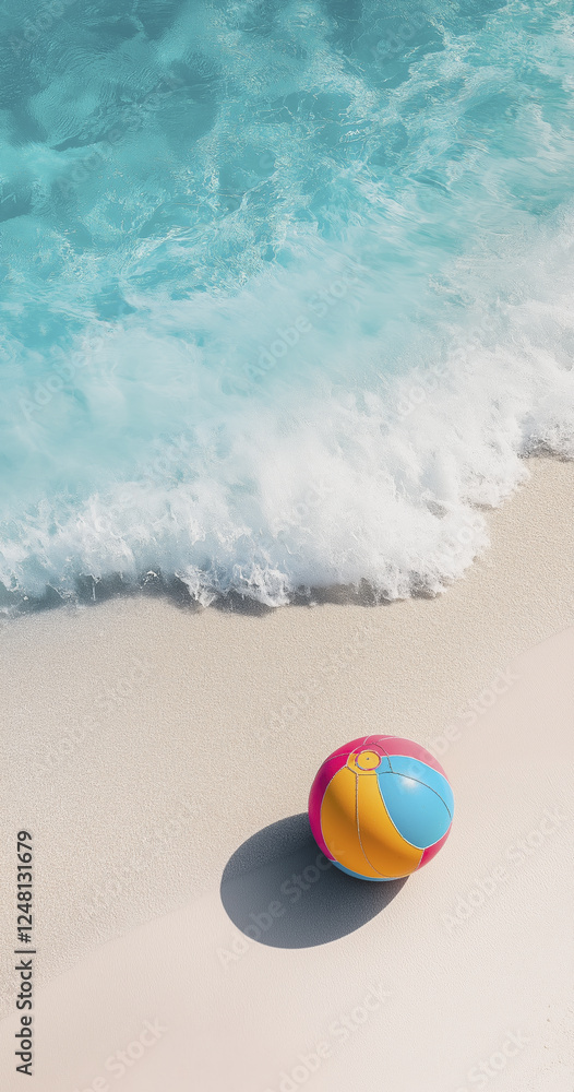 Obraz premium colorful beach ball rests on white sandy shore, with gentle waves lapping nearby, creating serene and playful atmosphere